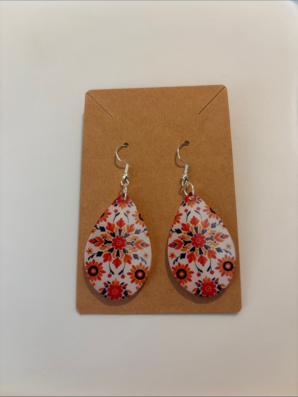 Fashion Jewelry Red and Orange Floral Teardrop Earrings - Picture 2 of 4